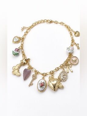 Gold-Tone Heart & Floral Charm Necklace - Pink/White